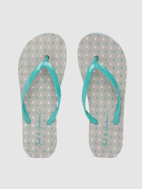 

Mast & Harbour Women Sea Green & Charcoal Grey Anchor Print Thong Flip-Flops