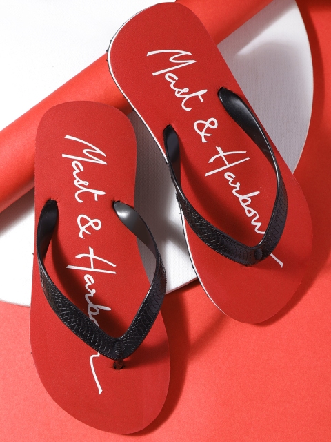 Mast & Harbour Men Black & Red Brand Logo Print Thong Flip-Flops
