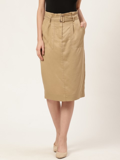 

COVER STORY Women Beige Solid Straight Knee Length Skirt
