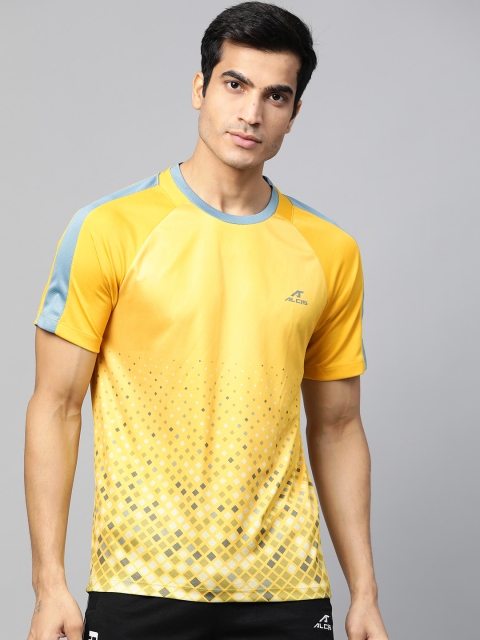 

Alcis Mustard Yellow & Grey Slim Fit Anti-Viral Printed Running T-shirt
