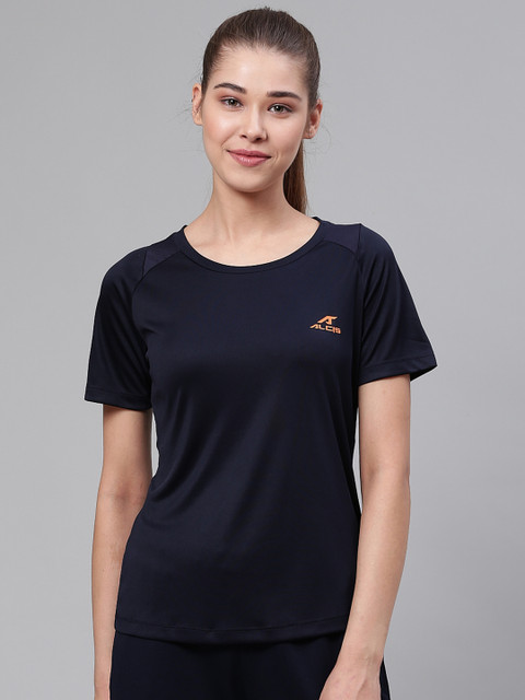 

Alcis Women Navy Blue Solid Round Neck VIROPROTKT Training T-shirt