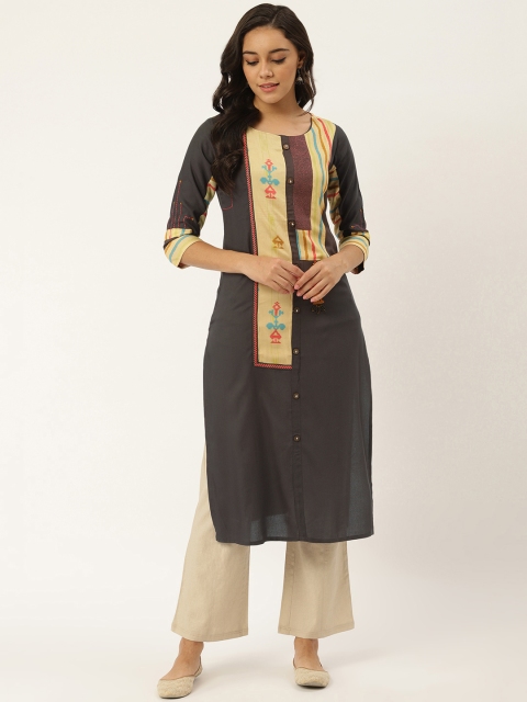 

RANGMAYEE Women Charcoal Grey & Yellow Printed Straight Kurta