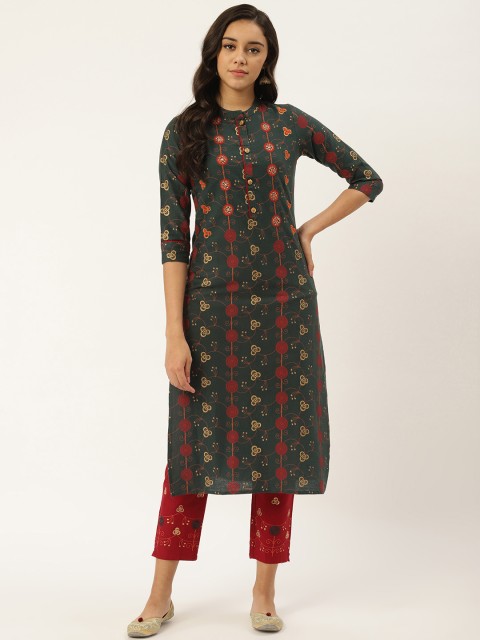 

RANGMAYEE Women Green & Maroon Printed Kurta with Palazzos