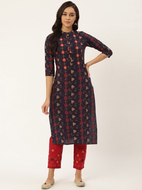 

RANGMAYEE Women Navy Blue & Maroon Printed Kurta with Trousers