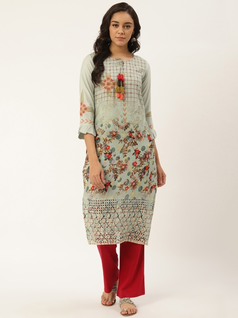 

RANGMAYEE Women Grey & Red Floral Printed Straight Kurta