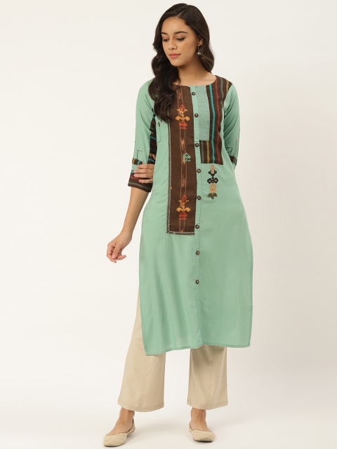 

RANGMAYEE Women Sea Green & Brown Printed Straight Kurta