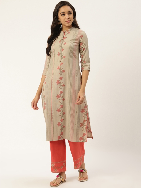 

RANGMAYEE Women Taupe & Coral Pink Printed Kurta with Palazzos