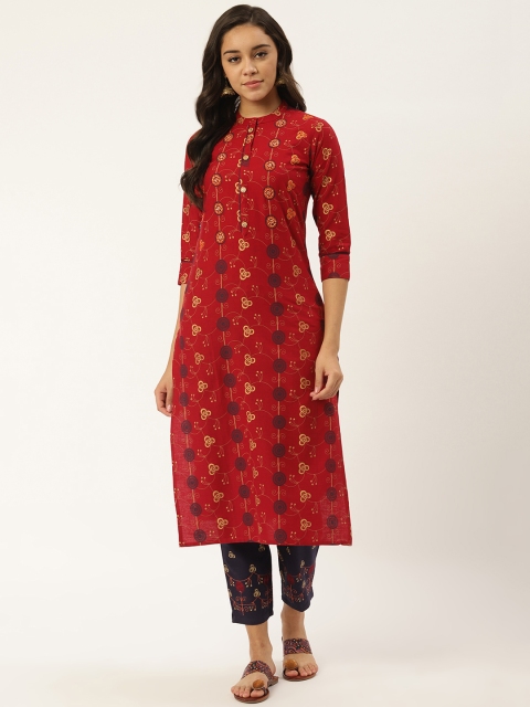 

RANGMAYEE Women Maroon & Navy Blue Printed Kurta with Trousers