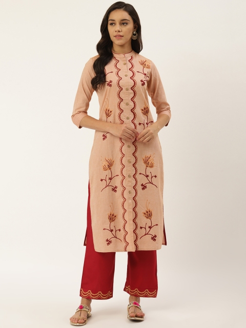 

RANGMAYEE Women Beige & Maroon Embroidered Kurta with Palazzos