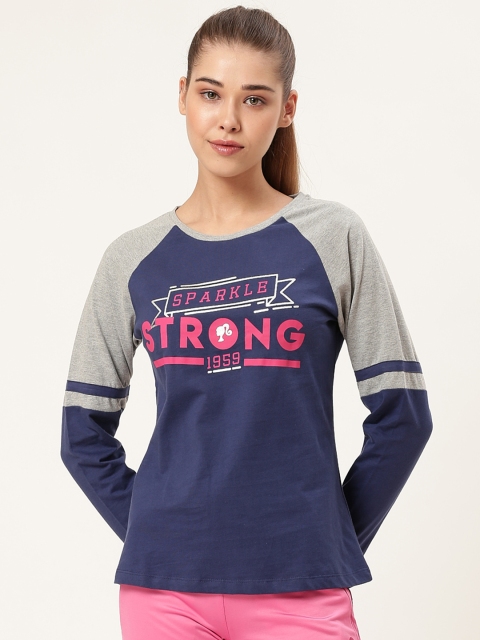

Barbie Women Navy Blue & Grey Melange Printed Round Neck T-Shirt