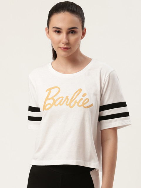 

Barbie Women White & Golden Brand Logo Printed Round Neck Boxy Crop T-shirt