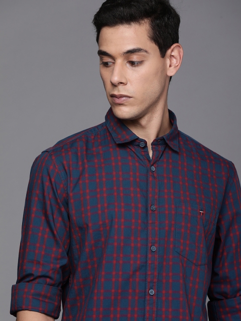 

Louis Philippe Jeans Men Navy Blue & Red Pure Cotton Slim Fit Checked Casual Shirt