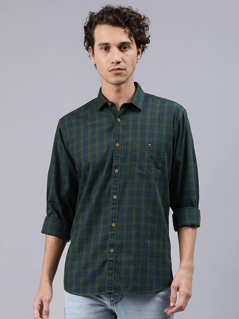 

Louis Philippe Jeans Men Olive Green & Blue Slim Fit Checked Casual Shirt