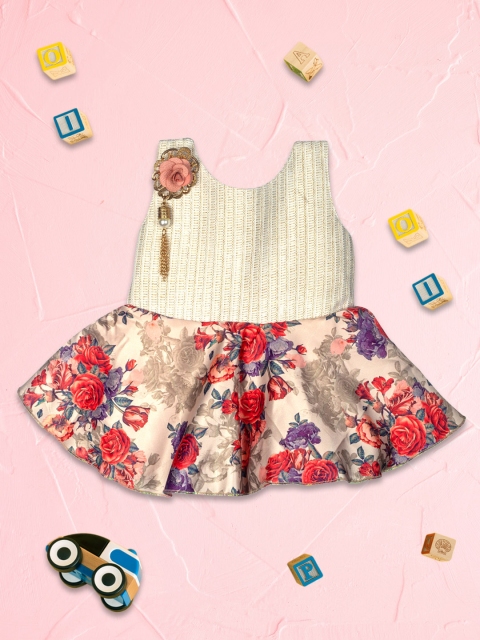 

MeeMee Girls Cream-Coloured & Red Floral Printed Fit and Flare Dress