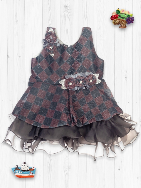 

MeeMee Girls Charcoal Grey & Brown Checked Fit and Flare Dress