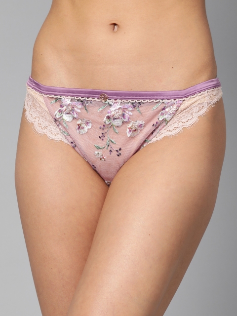 

Marks & Spencer Women Peach-Coloured & Purple Sheer Lace Bikini Briefs T816412A