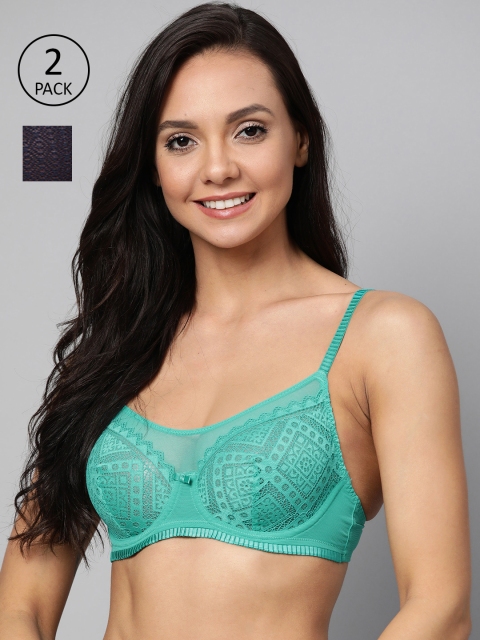 

Marks & Spencer Pack of 2 Floral Lace Underwired Non Padded Everyday Bras T338083X, Navy blue