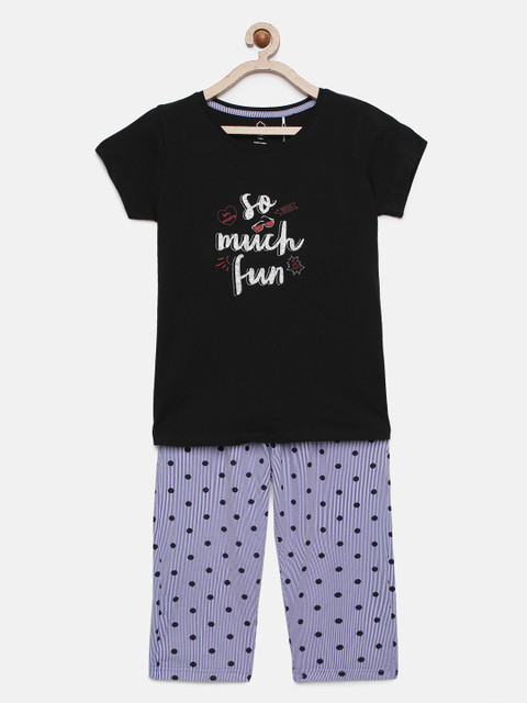 

Sweet Dreams Girls Black & Violet Printed Night suit
