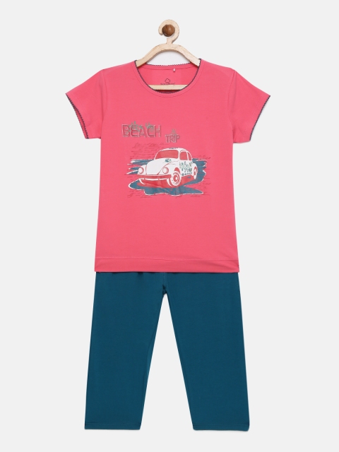 

Sweet Dreams Girls Pink and Green Printed Night suit
