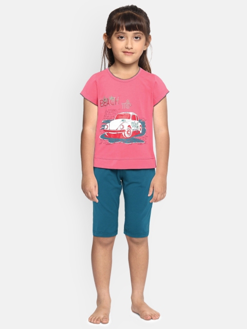 

Sweet Dreams Girls Pink & Teal Blue Printed Night suit