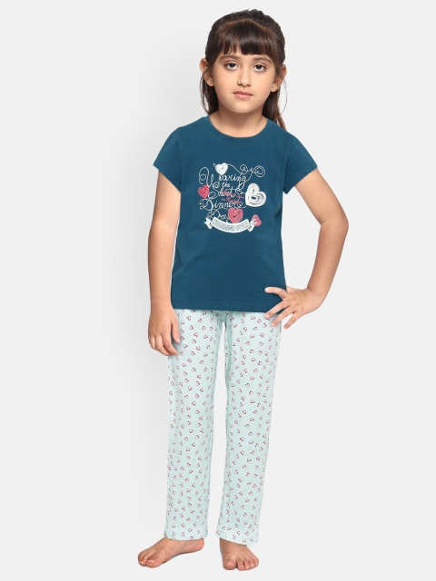 

Sweet Dreams Girls Teal Green & Blue Printed Night suit