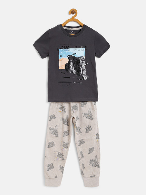 

Sweet Dreams Boys Charcoal Grey & Off-White Biker Printed Night suit