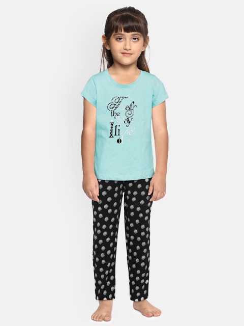 

Sweet Dreams Girls Turquoise Blue & Black Printed Night suit