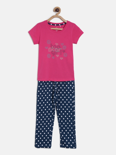 

Sweet Dreams Girls Pink & Navy Blue Printed Night suit