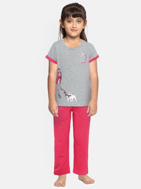 

Sweet Dreams Girls Grey Melange & Pink Printed Night suit