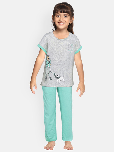 

Sweet Dreams Girls Grey & Sea Green Printed Night suit