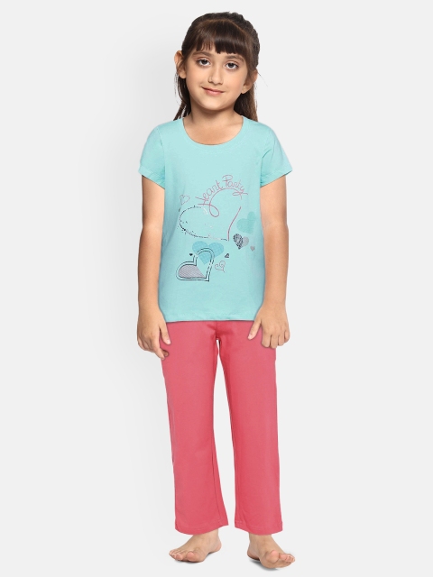 

Sweet Dreams Girls Turquoise Blue & Peach-Coloured Printed Night suit