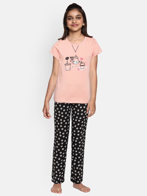 

Sweet Dreams Girls Pink & Black Printed Night suit