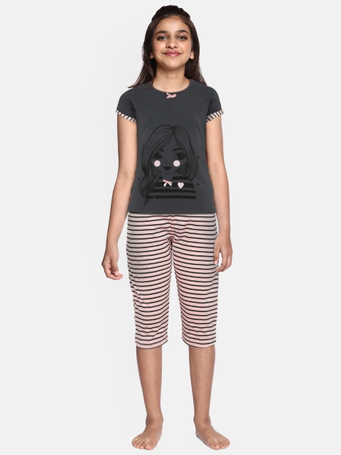 

Sweet Dreams Girls Charcoal & Pink Printed Night suit