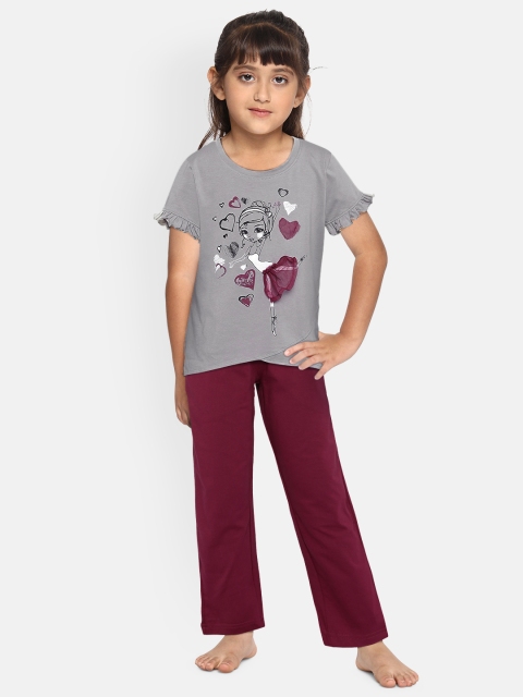 

Sweet Dreams Girls Grey & Purple Printed Night suit