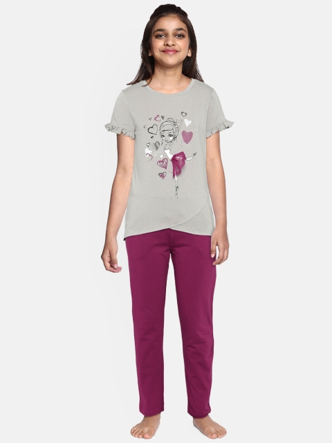 

Sweet Dreams Girls Grey & Purple Printed Night suit