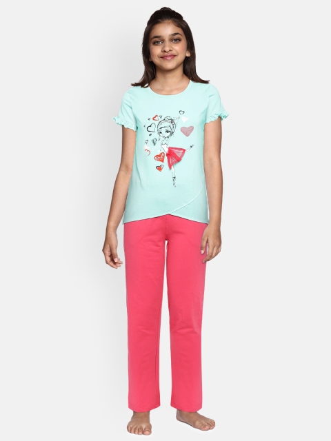 

Sweet Dreams Girls Turquoise Blue & Pink Printed Night suit