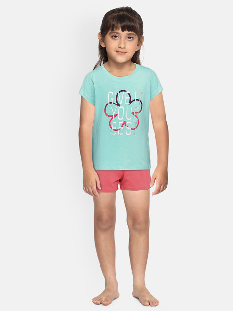

Sweet Dreams Girls Green & Pink Printed Night suit