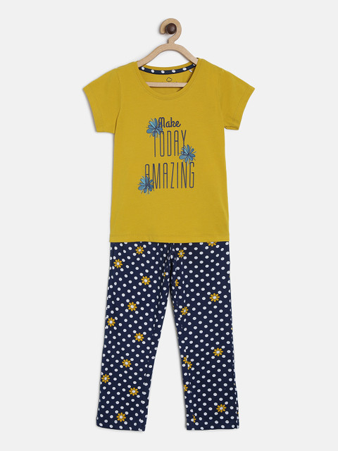 

Sweet Dreams Girls Mustard Yellow & Blue Printed Night suit