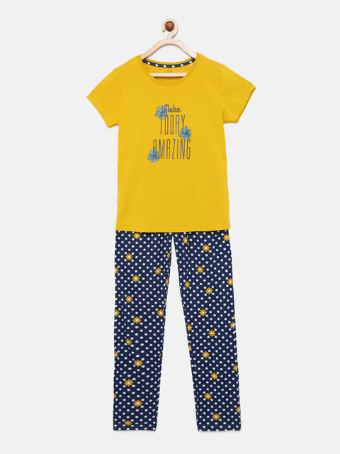 

Sweet Dreams Girls Mustard & Blue Printed Night suit