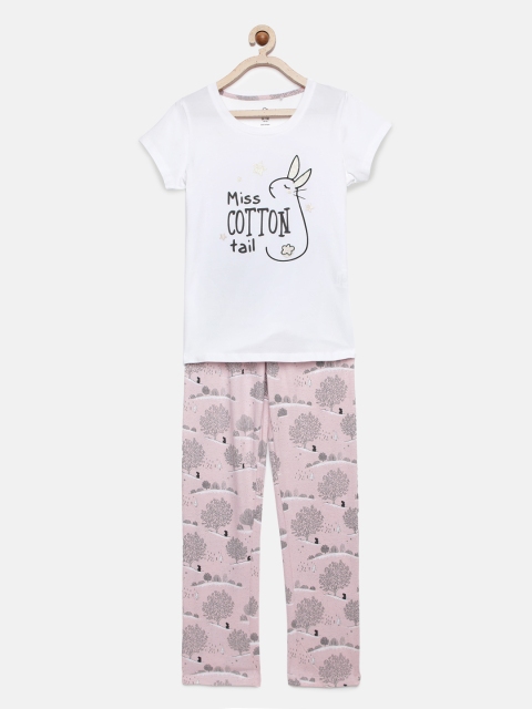 

Sweet Dreams Girls White & Pink Printed Night suit
