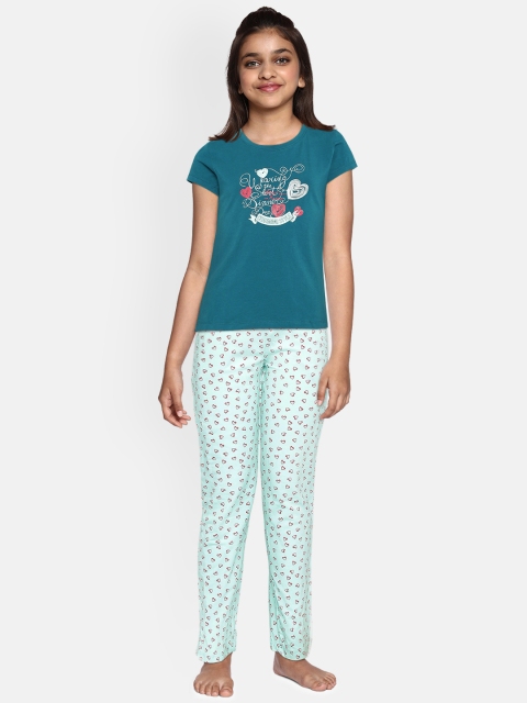 

Sweet Dreams Girls Teal & Green Printed Night suit