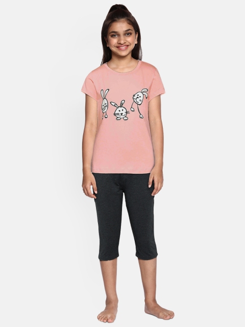 

Sweet Dreams Girls Pink & Charcoal Printed Night suit