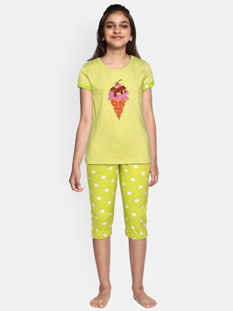 

Sweet Dreams Girls Yellow & Lime Green Printed Night suit