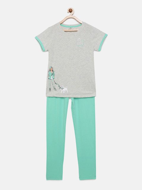 

Sweet Dreams Girls Grey Melange & Sea Green Printed Night suit