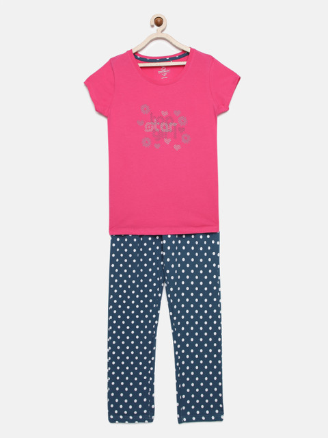 

Sweet Dreams Girls Pink & Navy Blue Printed Night suit