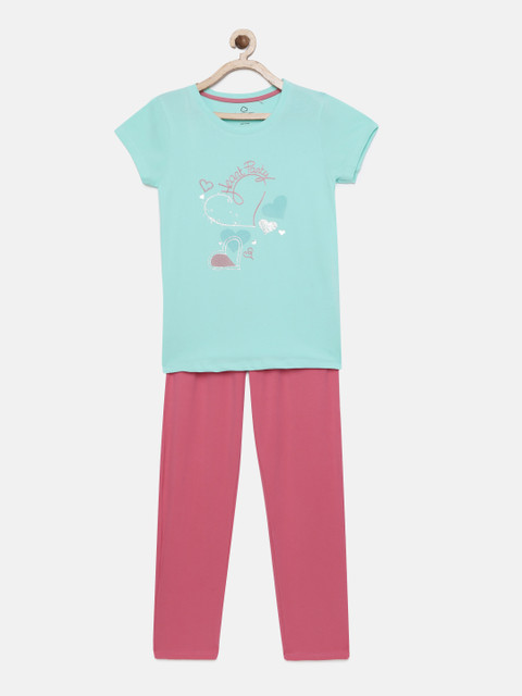 

Sweet Dreams Girls Green & Pink Printed Night suit
