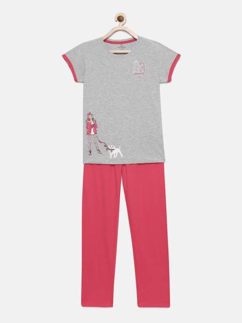 

Sweet Dreams Girls Grey Melange & Pink Printed Night suit