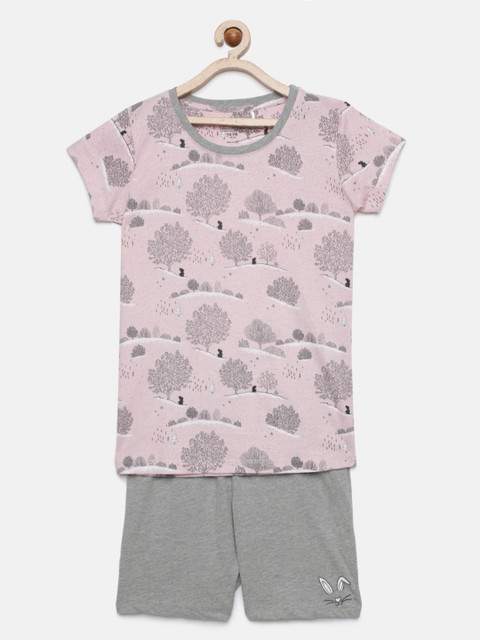 

Sweet Dreams Girls Pink & Grey Printed Night suit