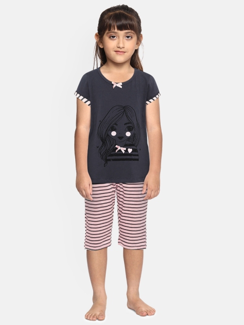 

Sweet Dreams Girls Charcoal Grey & Pink Printed Night suit