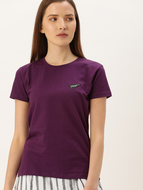 

DILLINGER Women Purple Solid Round Neck Pure Cotton T-shirt